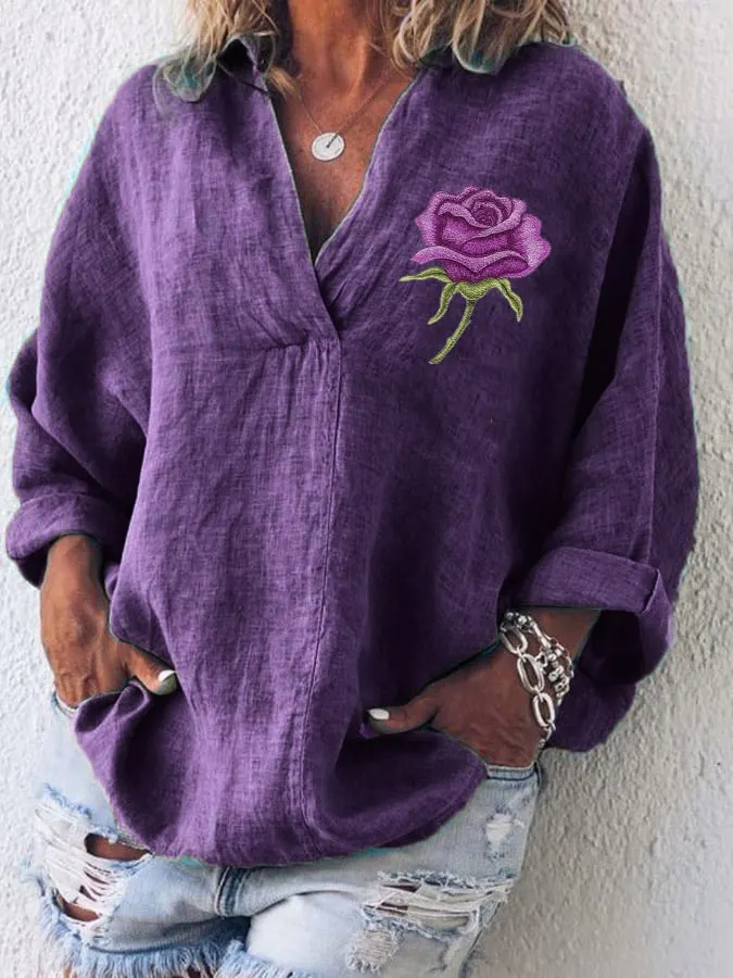 Women's Cotton And Linen Purple Floral V-Neck Top