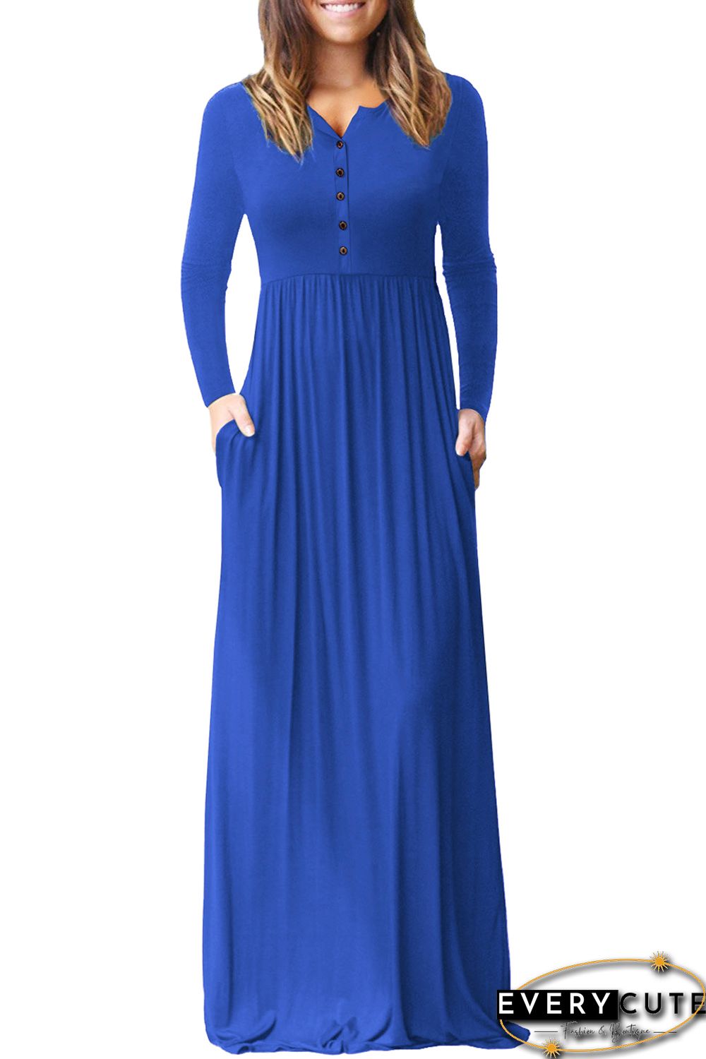 Royal Blue Long Sleeve Button Down Casual Maxi Dress