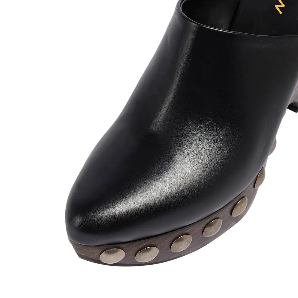 Black Pointed Toe Studded Embellished Sculptural Heel Platform Mules