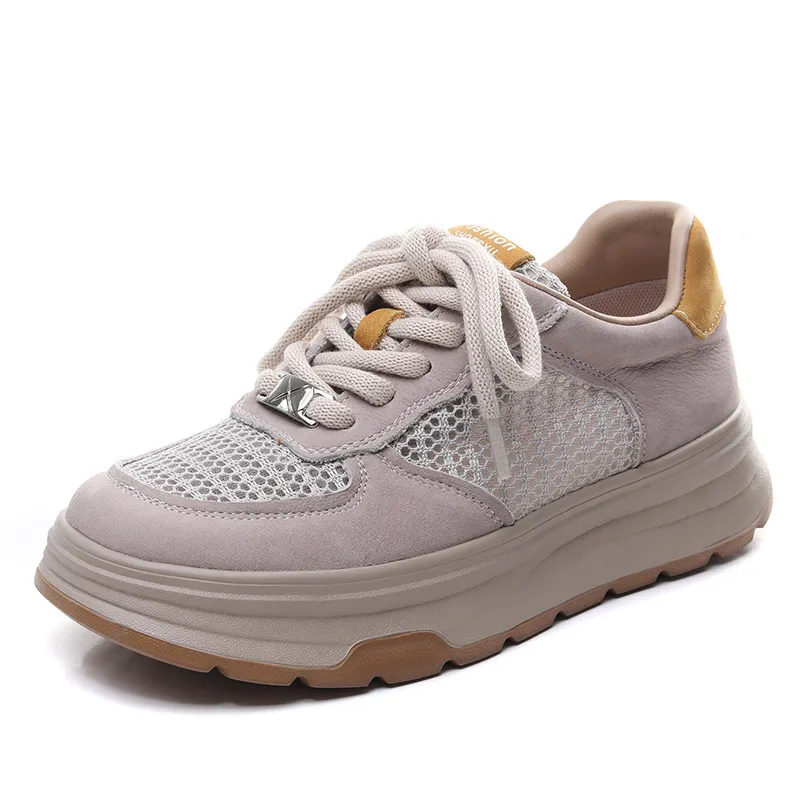 Yyvonne Layer Cowhede Thick Back Color Breathable Mesh Single Shoes 2025 Spring And Summer New Fashion Leather Casual Shoes