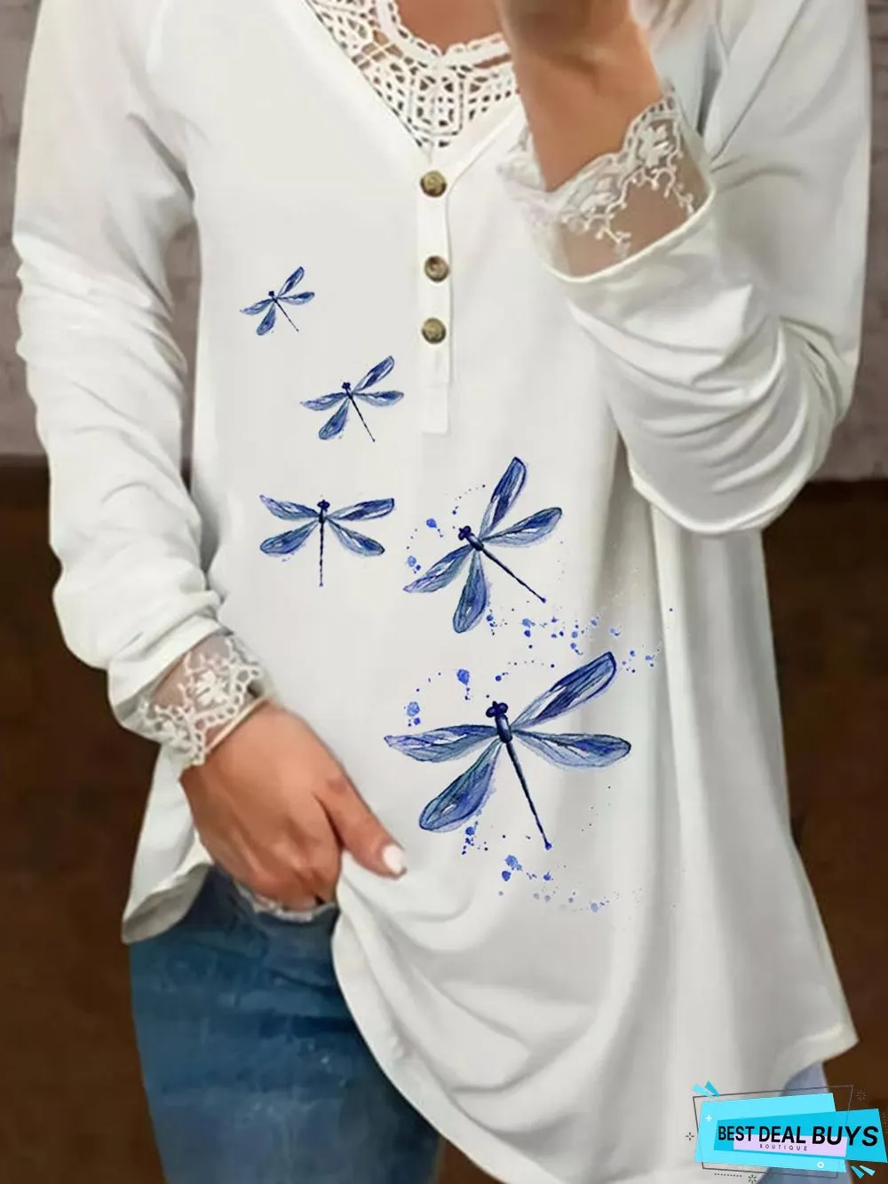 Loose V Neck Cotton Dragonfly Tunic Top