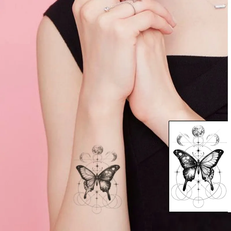 Waterproof Temporary Tattoo Sticker Black Wolf Arrow Rose Butterfly Flash Tattoos Totem Line Body Art Hand Fake Tatoos Women Men