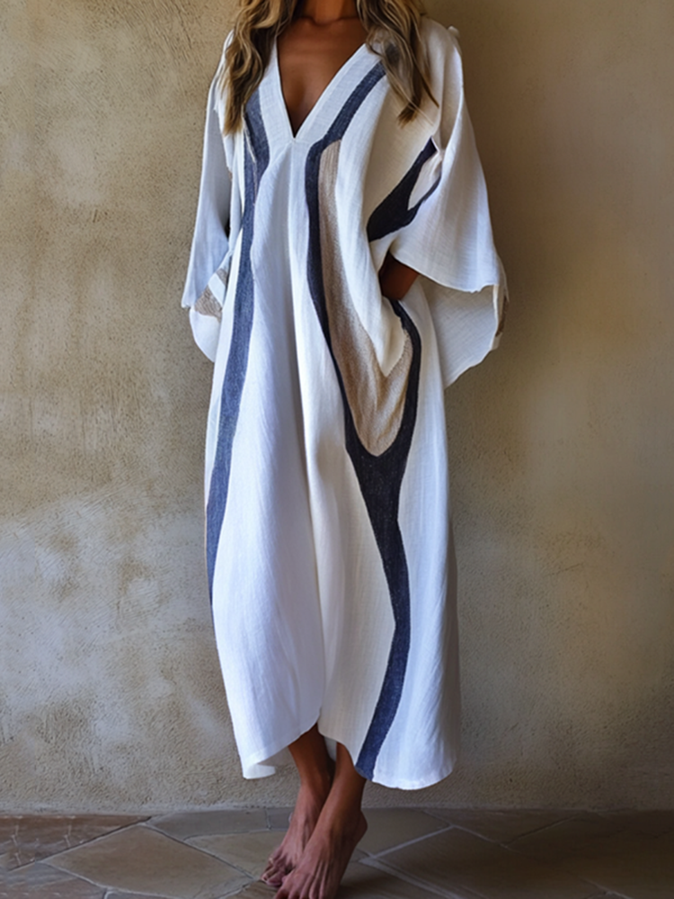 Nomad Spirit Ladies' Brushstroke Symphony Art Blue-white Linen V-neck Long Kaftan