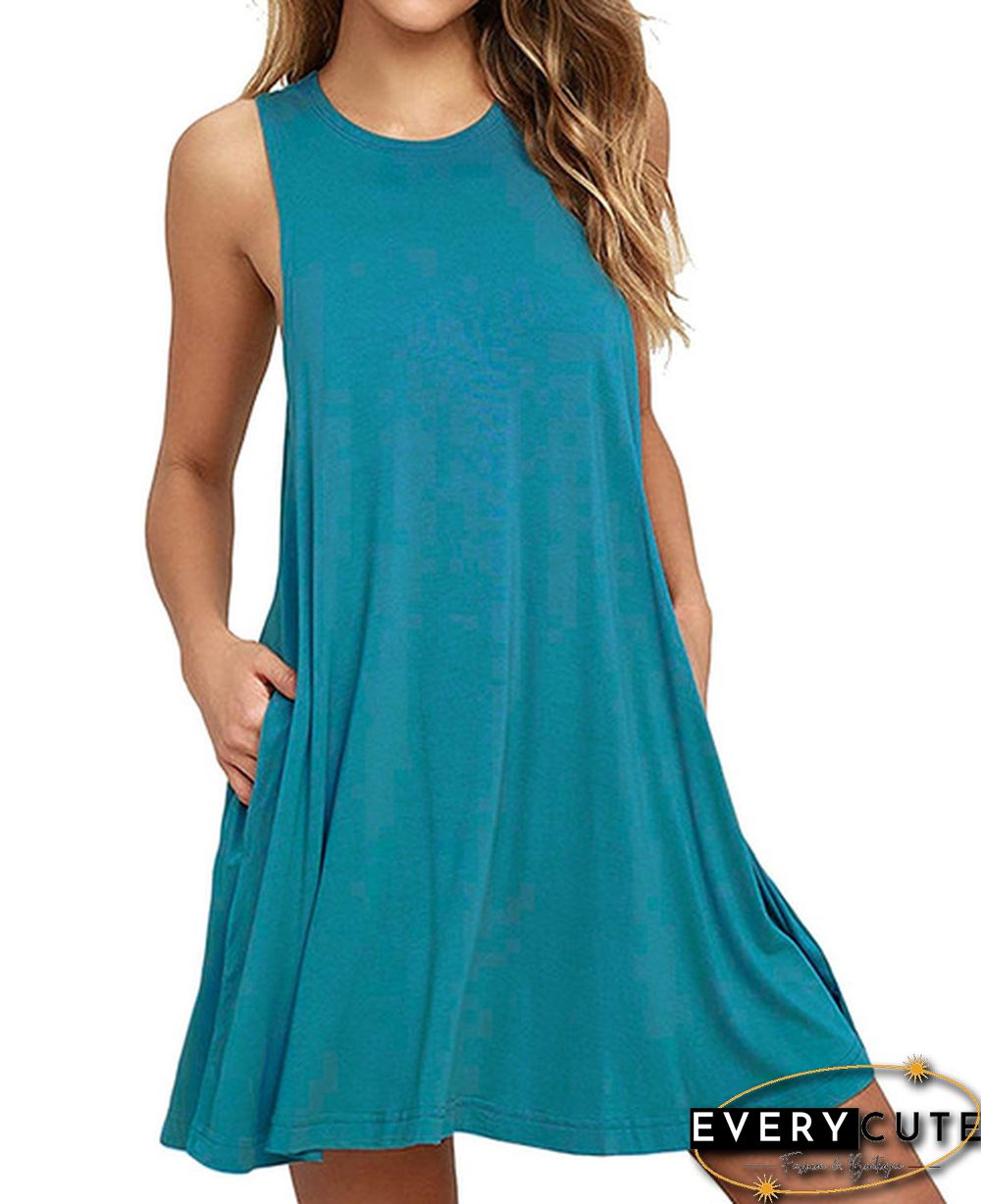 Plus Size XS-8XL Summer Women Casual Round Neck Solid Color Loose Sleeveless Beach Tank Top A-line Pocket Dress Sexy Short Club Party Mini Halter Midi Dresses Robe Ete Femme Knee Length Pleated Skirts Ladies Fashion Swing Cotton T-Shirt Dress