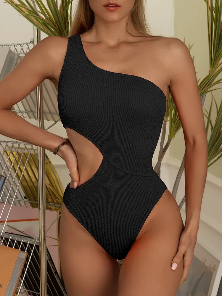 INGAGA One Shoulder Swimsuits One Piece Textured Swimwear Women 2022 Sexy Cut Out Monokini Solid Bodysuits High Cut Beachwear