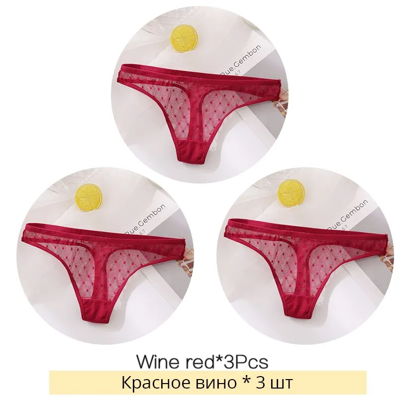 Billionm Lace Thongs Women 3Pcs/Set Transparent G-string Panties Dots Lace T-back Underwear Fashion Female Underpants M-XL