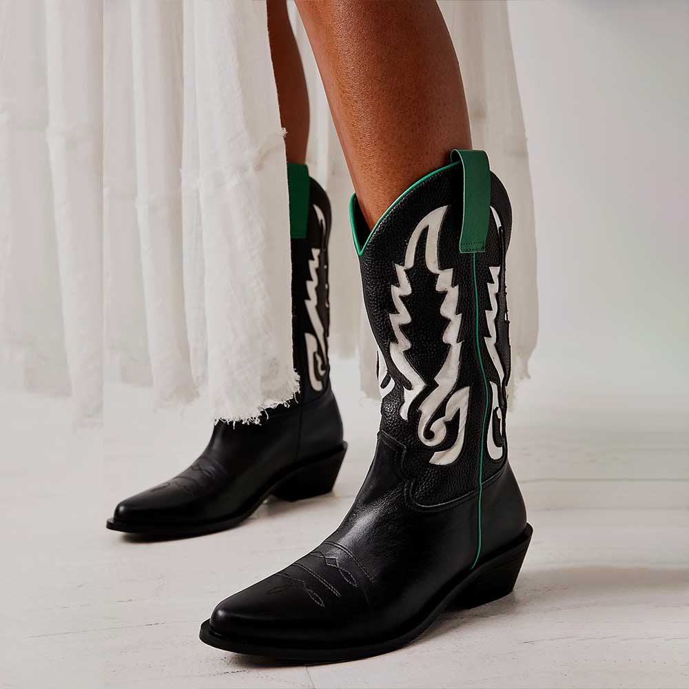 Black Vegan Leather Pointed Toe White Patch-Work Classic Western Boots Nicepairs