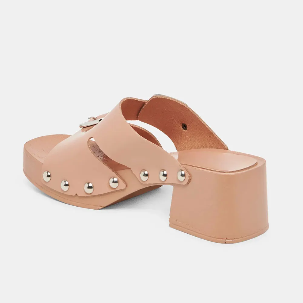 Square Toe Studded Mid Block Heel Buckled Nude Platform Mules
