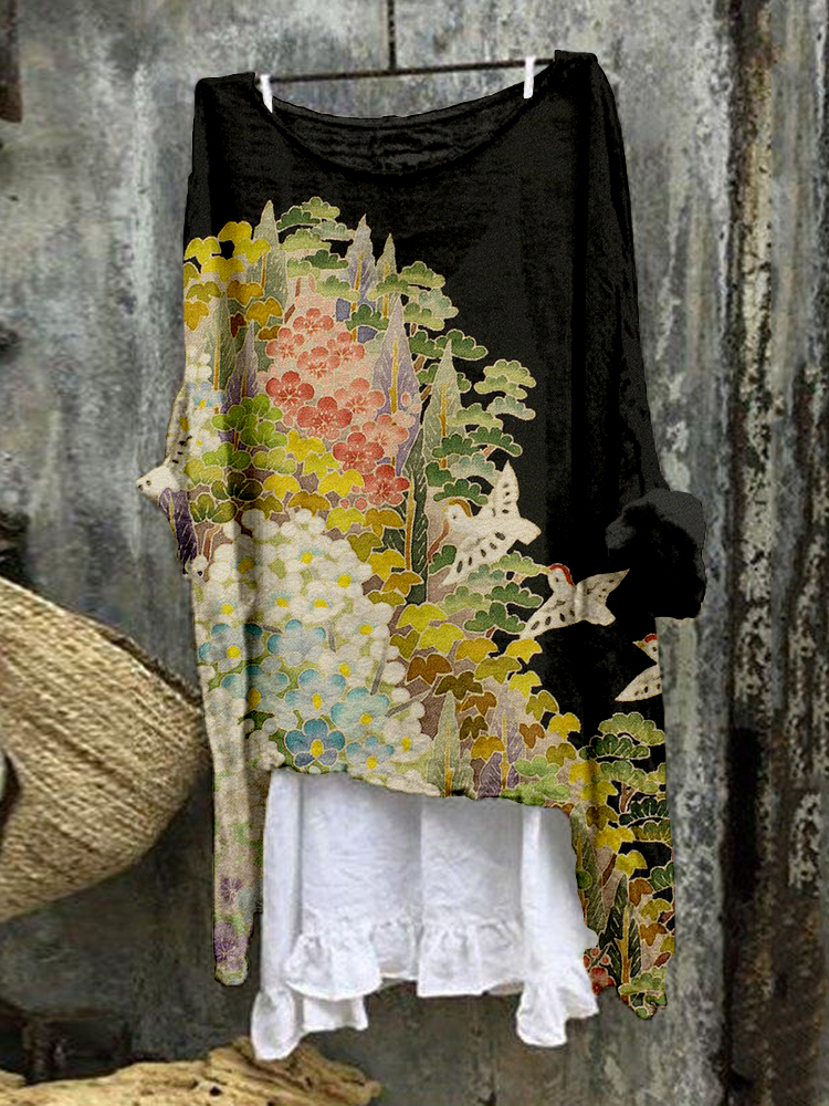Japanese Art Painting Pattern Linen Blend Flowy Tunic
