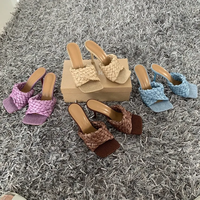 2022 Fashion Women Sandals Slipper New Summer Ladies Slides Square Open Toe High Heel Mules Slip On Sandal Shoes