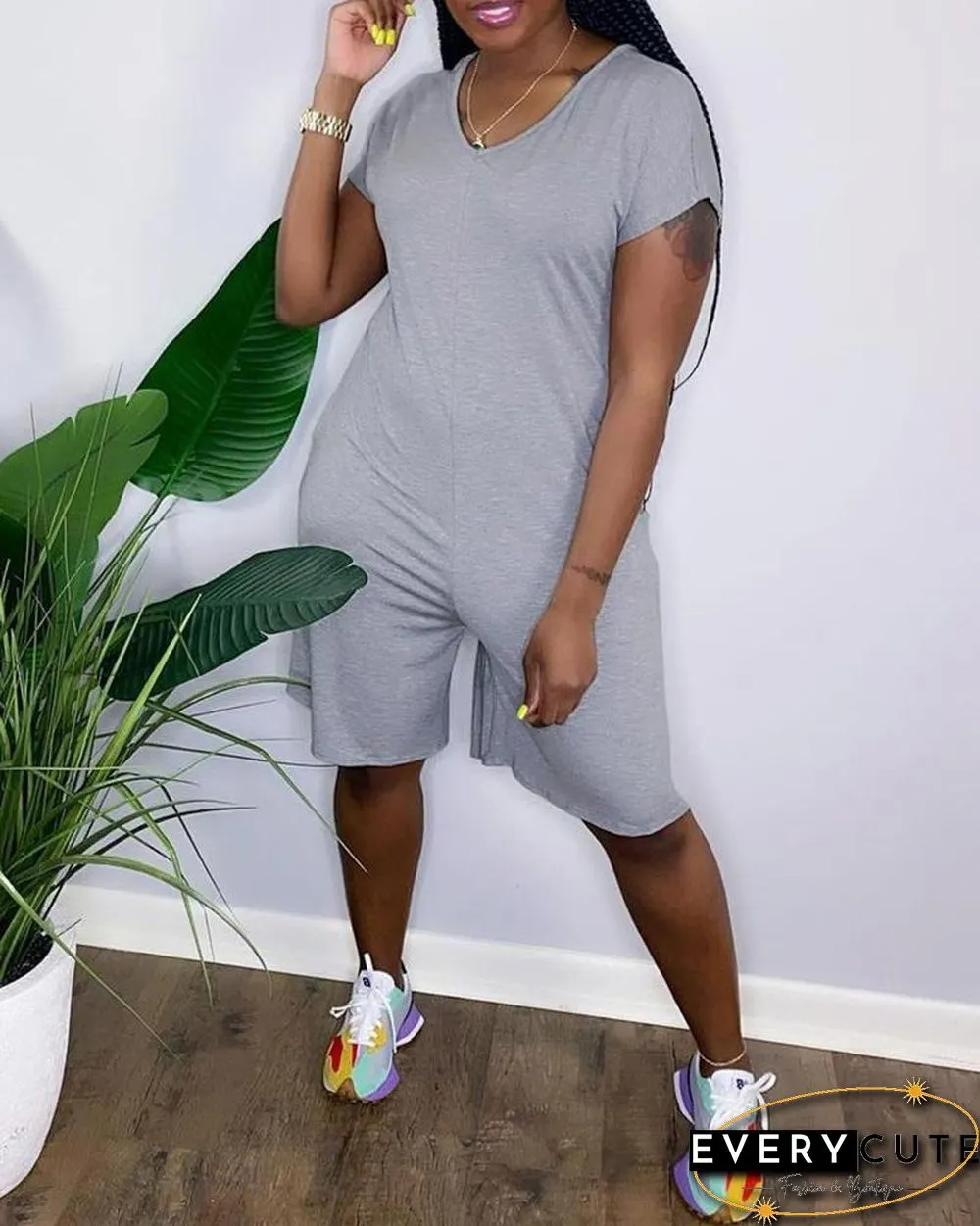 Short Sleeve V-Neck Plain Romper