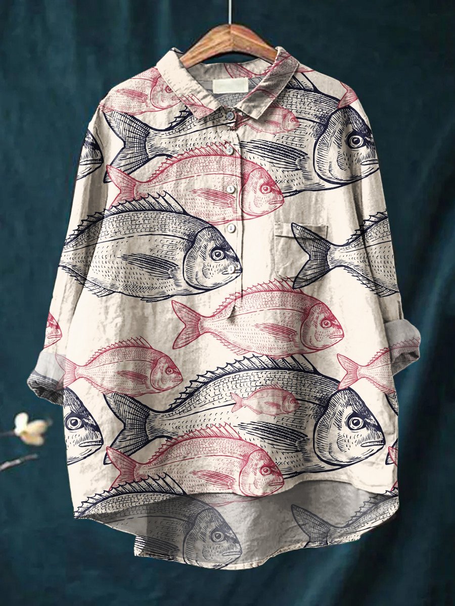 Women's Minimalist Line Fish Print Casual Cotton And Linen Shirt
