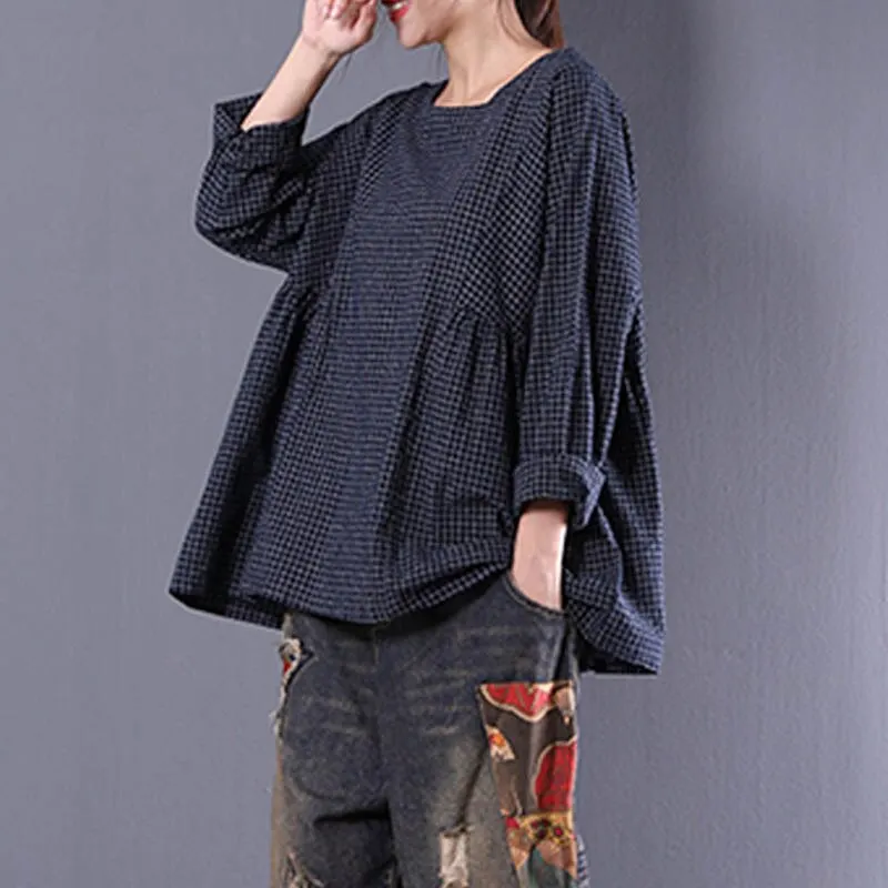 Top Blusas 2022 Women  Crew Neck Long Sleeve Plaid Check Autumn Cotton Linen Casual Party Pleated Flounce Blouse Shirt