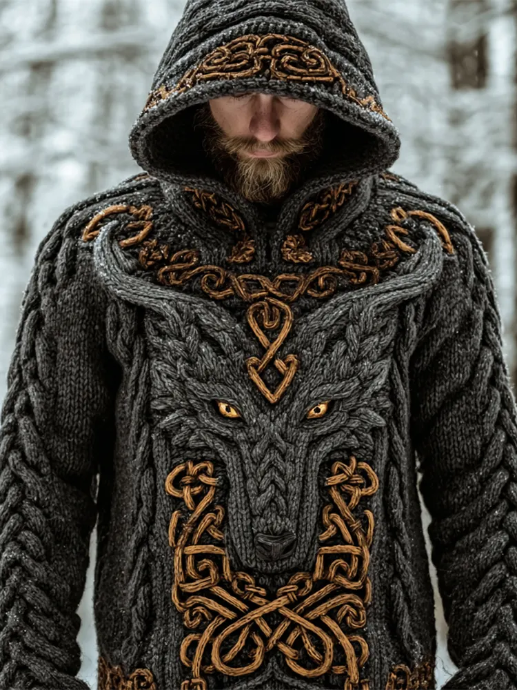 Viking Dragon Totem Men's Chunky Knit Hooded Sweater