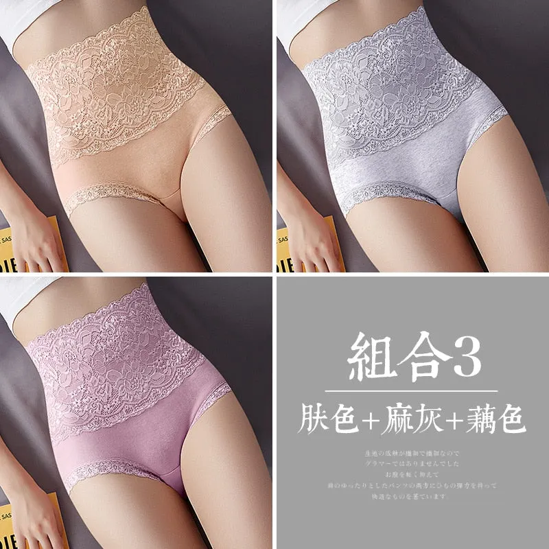 Women Lace Panties High Fit Cotton Panties High Waist Underwear Body Shaping Sexy Lingerie Slimming Tummy Control Pants 3Pcs