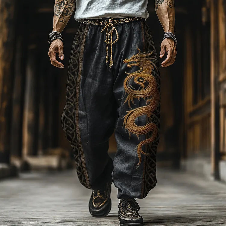 Mens Vintage Viking Golden Dragon With Celtic Knot Patchwork Art Linen Lounge Pants
