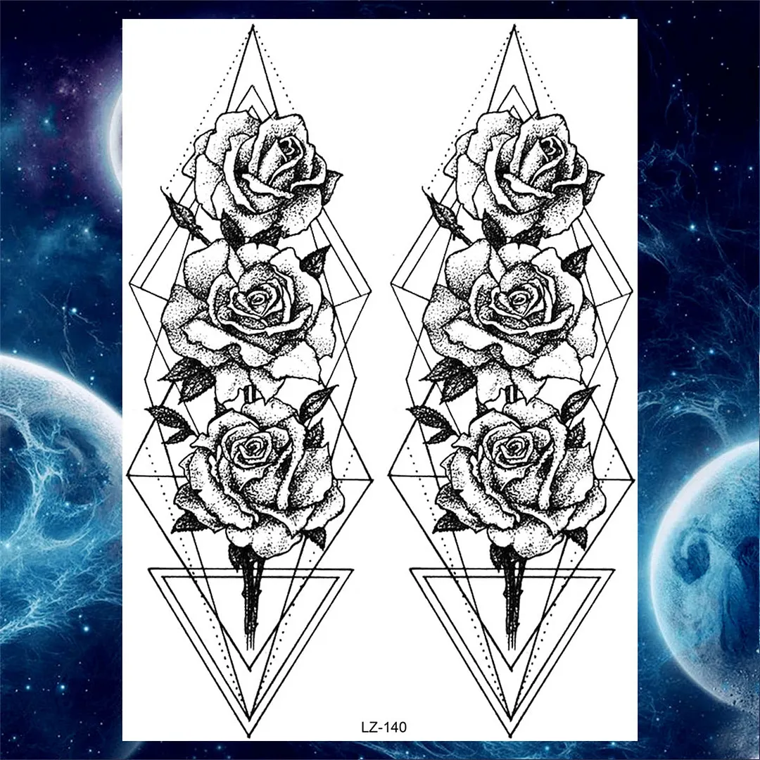 Flower Compass Temporary Tattoo For Women Girls Adult Rose Peony Tattoos Sticker Fake Black Floral Body Art Thigh Tatoos Paper