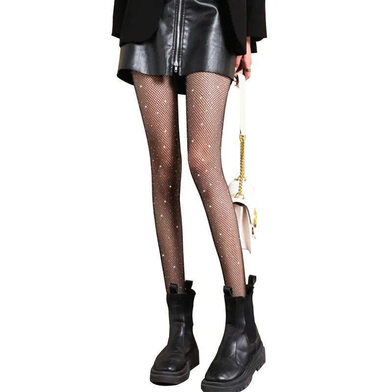 Churchf [With Diamonds] Black Stockings Women Thin Ins Tide Sexy Hollow Fishing Net Socks Spring Hot Diamond Crystals Even Foot Socks
