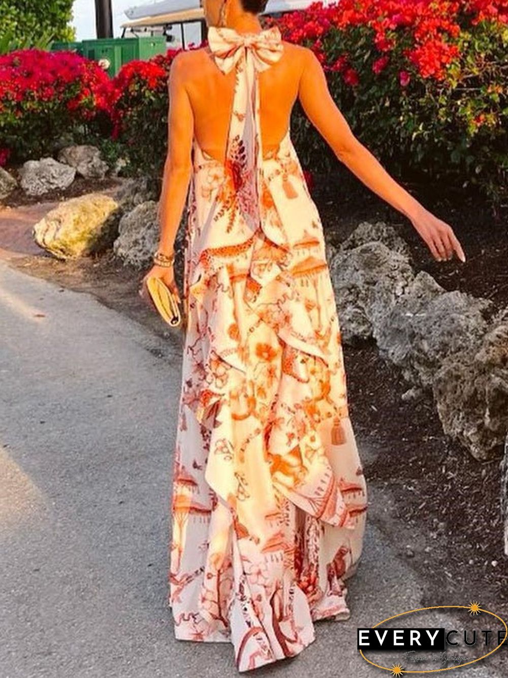 Women'S Dresses Printed Halter Bare Back Bow Dress
