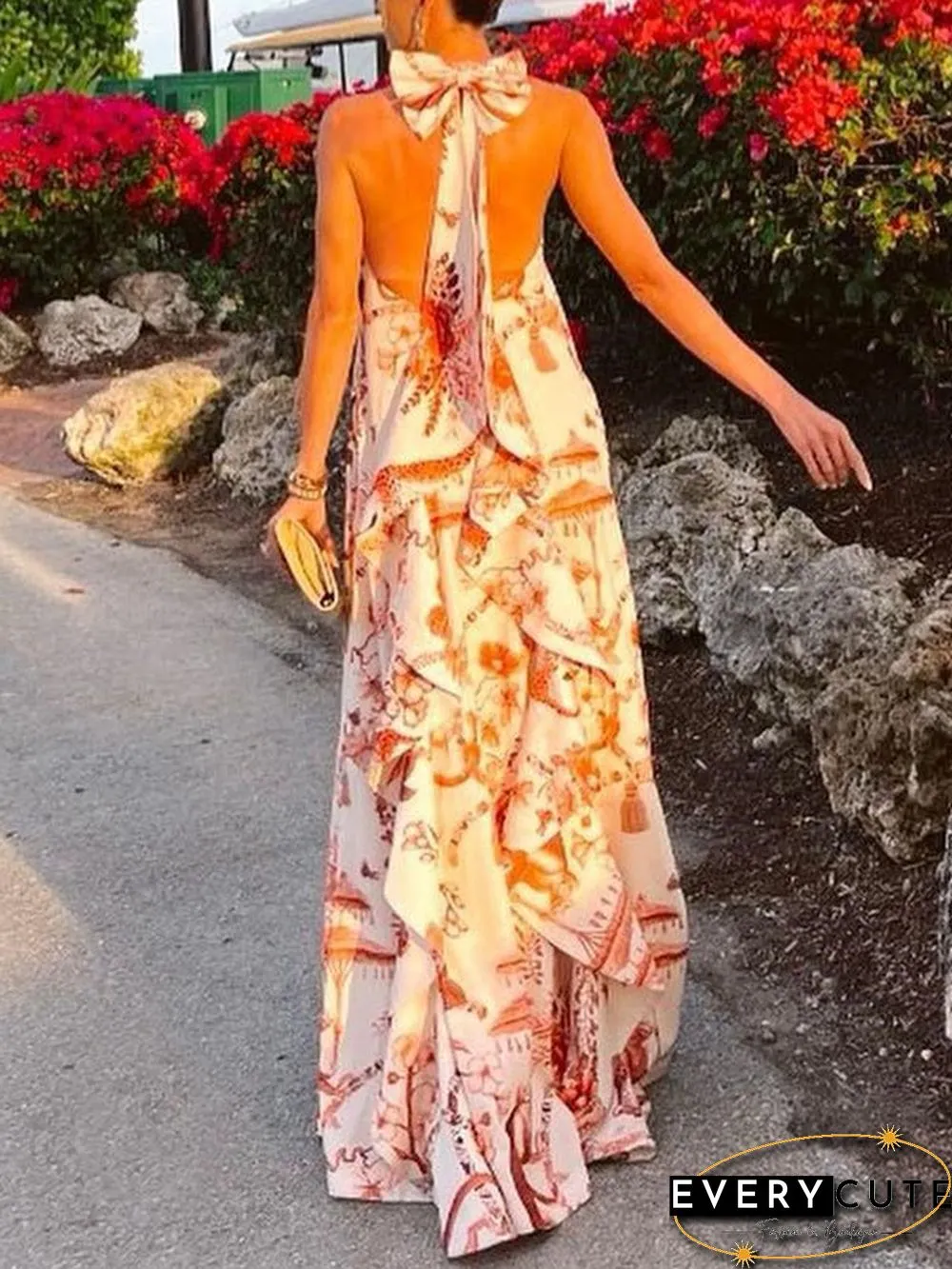Women'S Dresses Printed Halter Bare Back Bow Dress