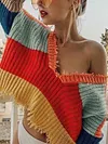 Contrast Color Plunging Long Sleeves Sweater Tops