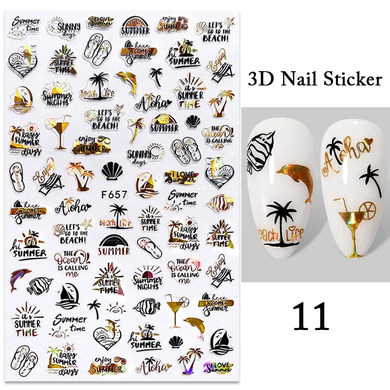 1PC iridescent Gold Black White 3D Nail Sticker Leaves Geometric Tropical Beach Decals DIY Slider Decoration Manicures-Nail Inspo