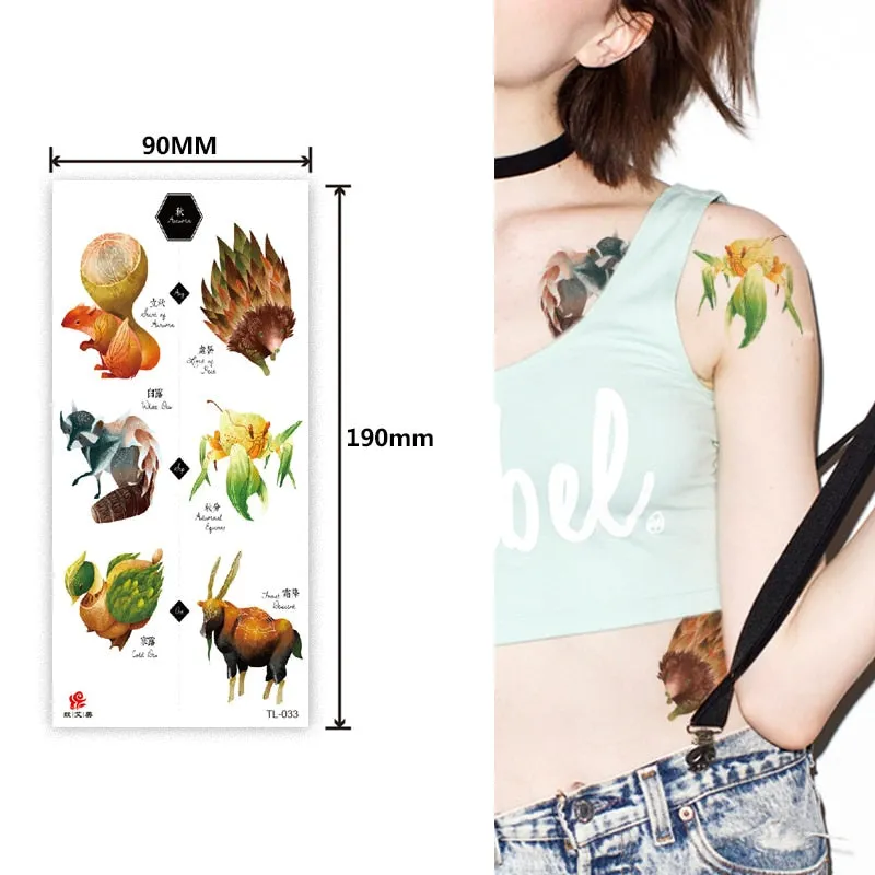 1~8 pieces of animal plants wolf bear bird art tattoo stickers disposable waterproof temporary tattoo stickers for men and women