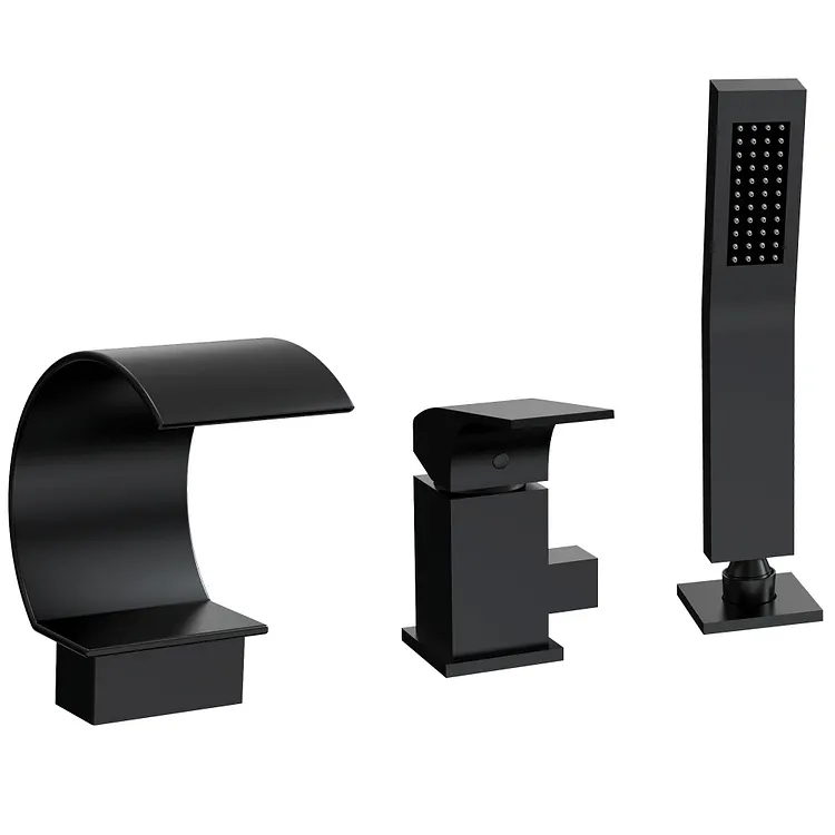 EVERSTEIN Deck Mount Waterfall Bathtub Faucet with Hand Shower in Matte Black