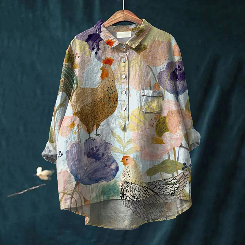 Vintage Chicken And Floral Art Print Casual Cotton And Linen Shirt artswardrobe