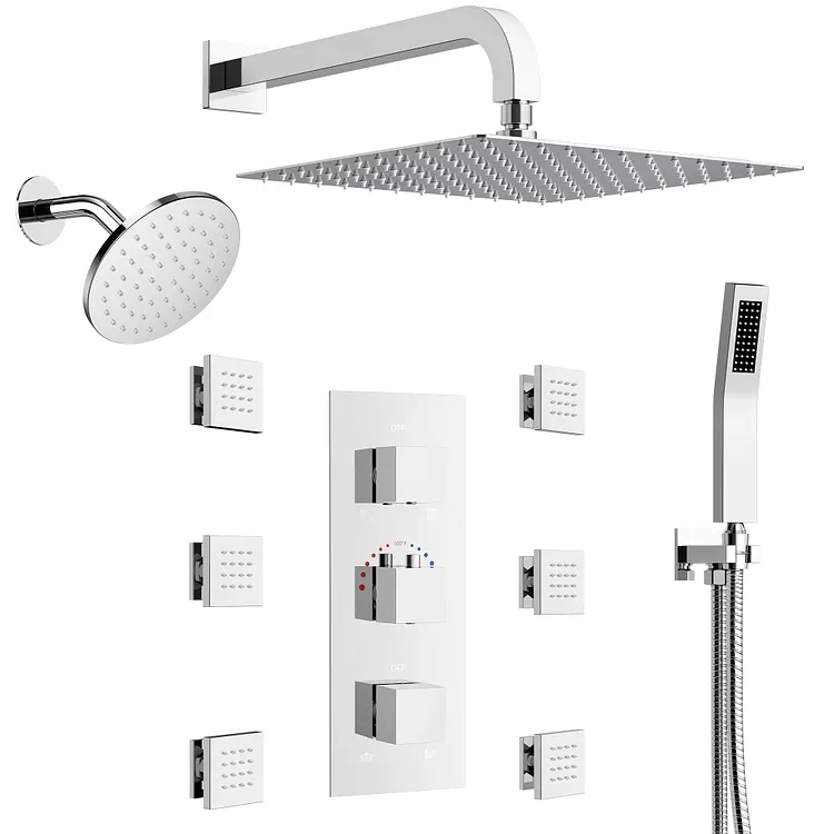EVERSTEIN 12" Thermostatic Shower System with Handheld & 6 Body Jets, Chrome