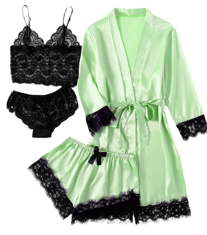 Churchf 2021 New Ladies Pajamas Four-Piece Sexy Sling Skirt Set Home Lace Pajamas Set