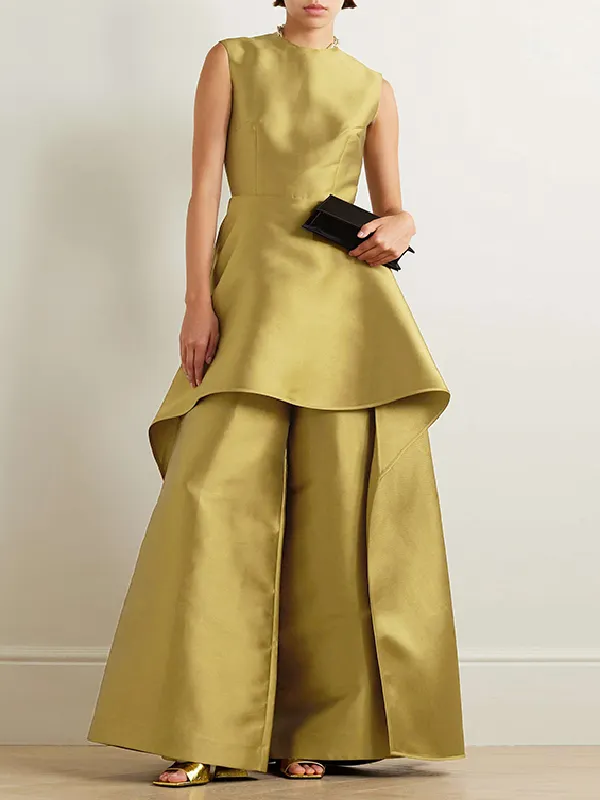 Falbala Layered Solid Color Zipper Sleeveless Wrap Round-neck Jumpsuits