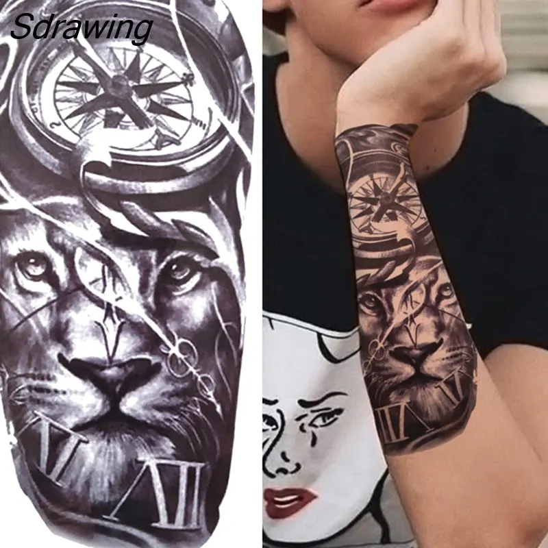 Sdrawing Tiger Temporary Tattoos For Men Women Kids Lion Skull Cross Tattoo Sticker Black Compass Skeleton Tatoos Leg Thigh 328-0