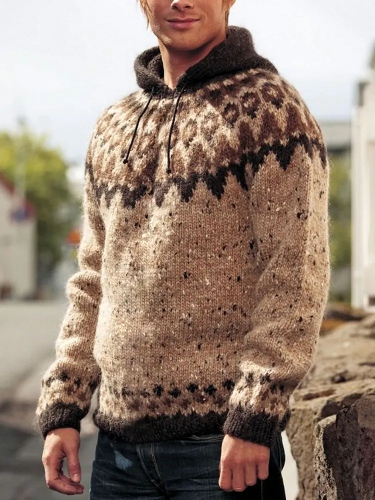 Retro Iceland Jacquard Geometric Knit Hooded Sweater