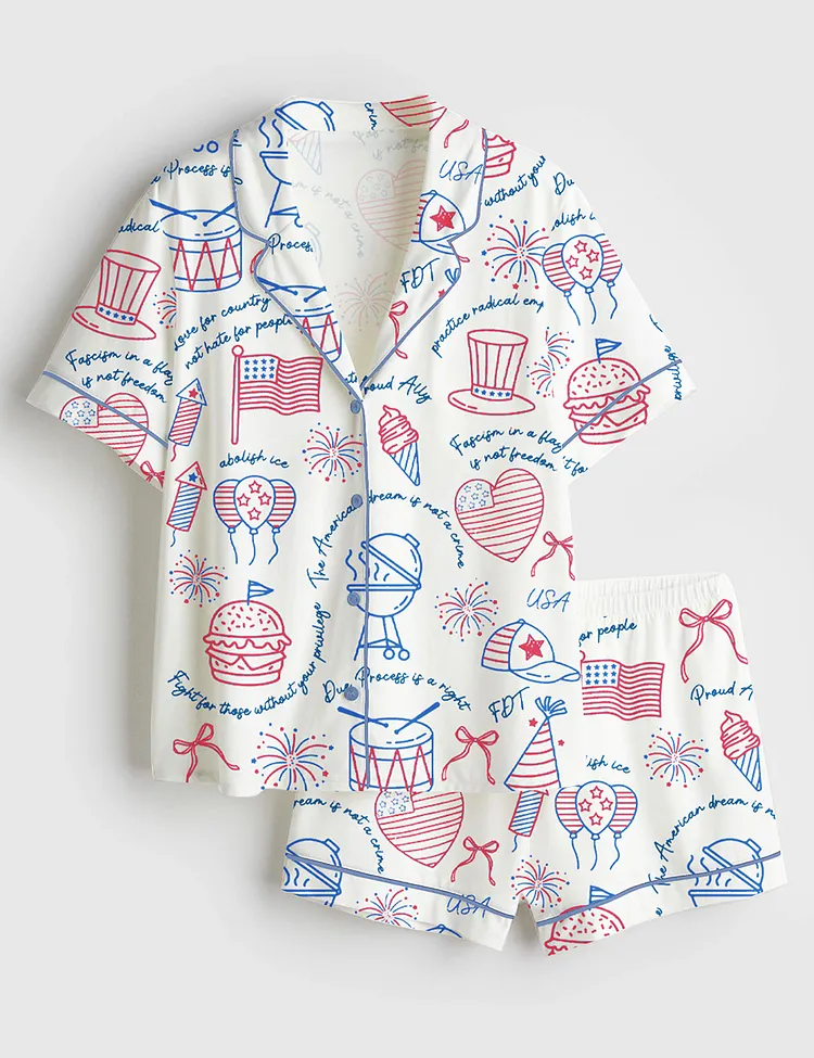 Women&rsquo;s Liberal Fourth Of July Liberal Patriotic Secret Subtle Message American FDT Print Short Sleeve Satin Pajama Set