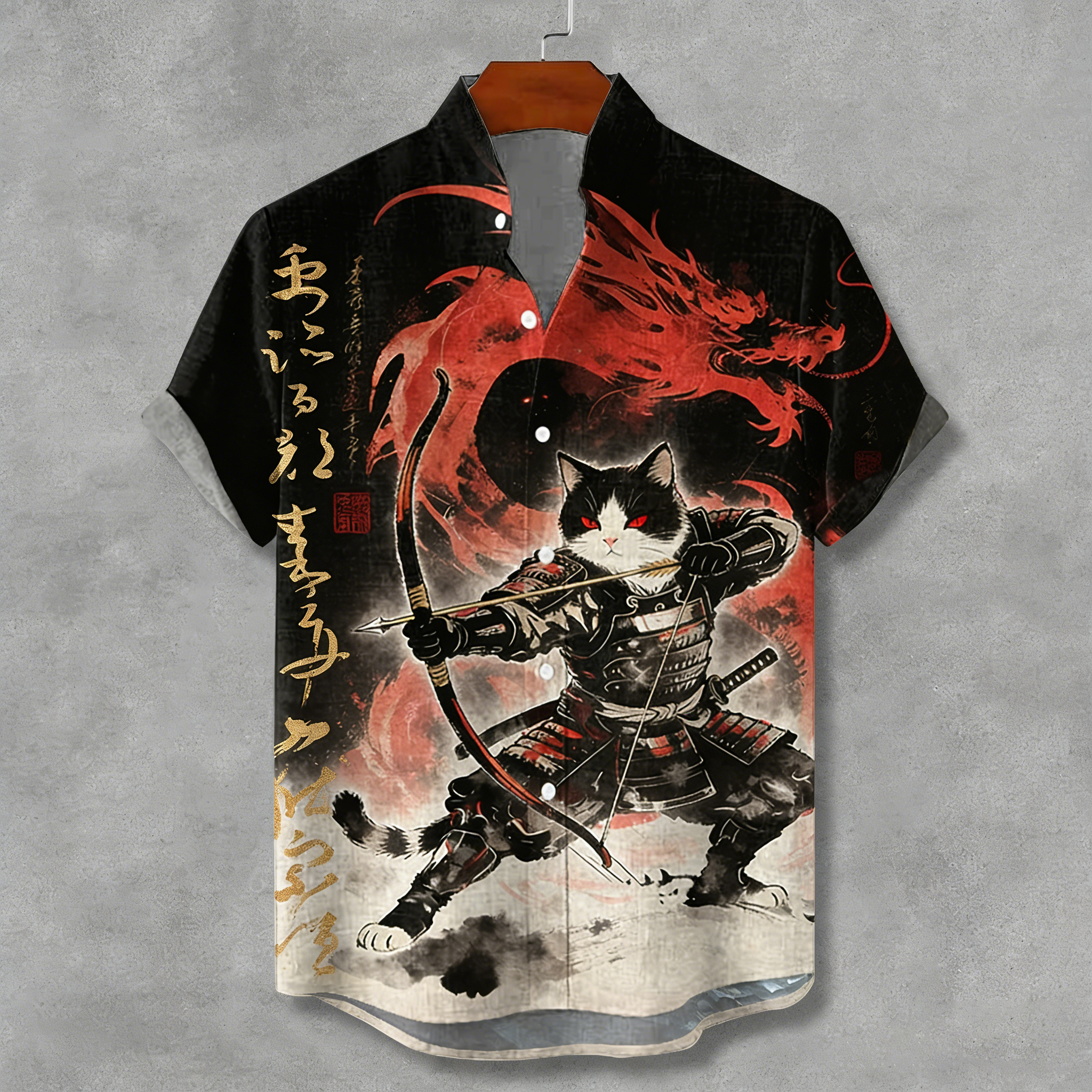 Men's Cat Samurai Archery With Dragon Calligraphy Art Print Short Sleeve Shirt elevenforest
