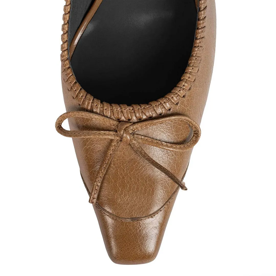 Tan Vegan Leather Square Toe Buckle Strap Mary Jane Heels with Bow