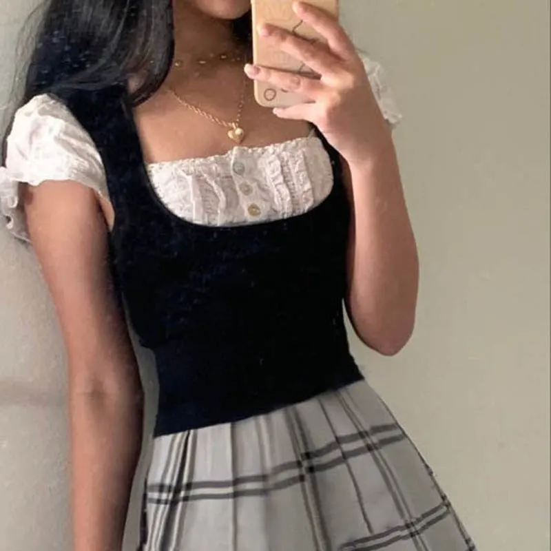 Rapcopter y2k Trim Button Crop Top Short Sleeve Knitted T Shirt Prepply Cute Square Collar Pullovers Women Summer Korean Tee 90s