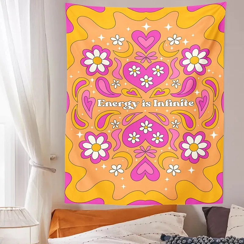 Vintage Heart Tapestry Wall Hanging Retro Hippie Wall Rugs Dorm Decor Blanket energy is infinite Room Decor Aesthetic Decor Art