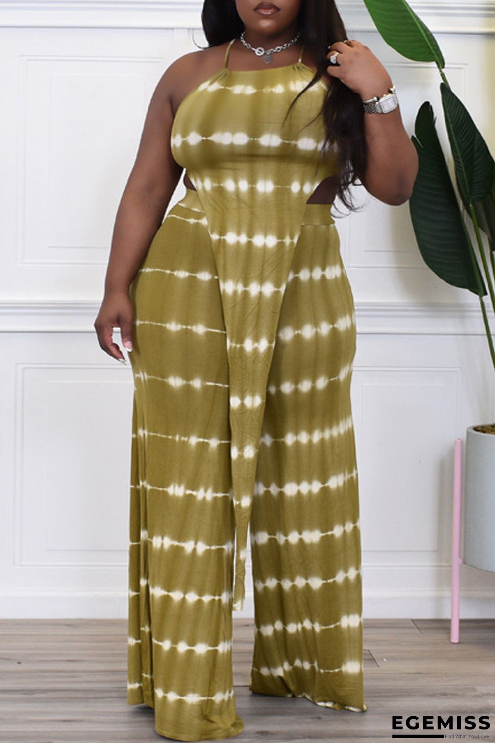 Army Green Sexy Casual Print Backless Asymmetrical O Neck Plus Size Two Pieces | EGEMISS