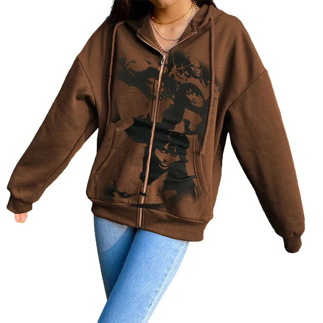 Gothic Hooded Jacket Portrait Demon Print Long Sleeve Zip-up Top Coat Streetwear with Pockets Y2K Hip Hop Men Women Sweatshirt