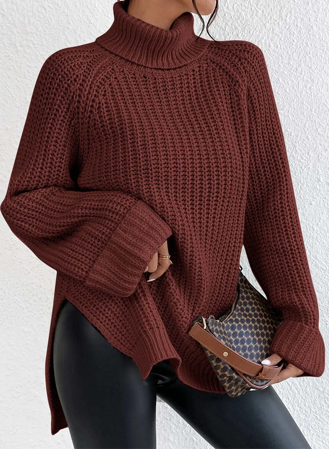 Turtleneck Raglan Sleeve Split Hem Jumper