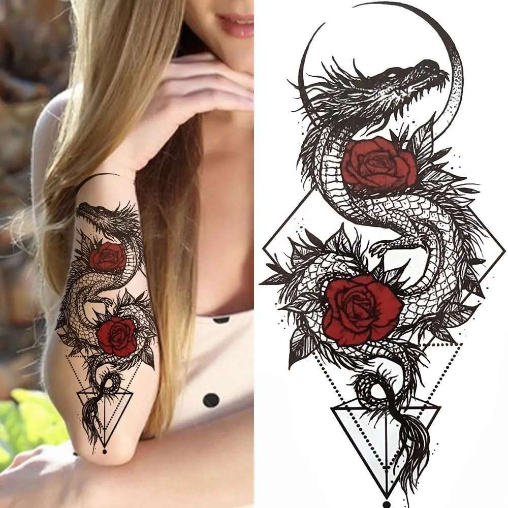 Sexy Rose Lion Flower Temporary Tattoos For Women Men Kids Boys Realistic Fake Wolf Tattoo Sticker Black Cross Compass Tatoos 1108-1