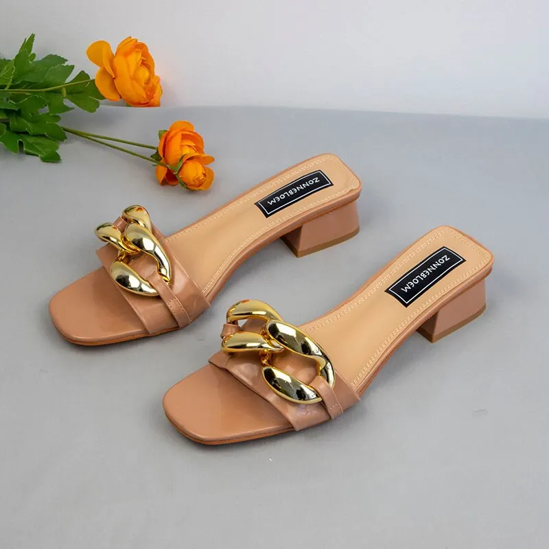 Qengg Fashion Open Toe Heel Women Sandals Square Heels Women Luxury Slides Summer Shoes Ladies Elegant Chain Buckle Slippers