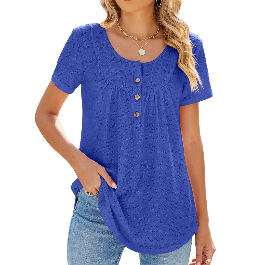Churchf Churchf 2024 New Circle Draw Pleated Button Short Sleeve Swallow-Tailed T-Shirt Top