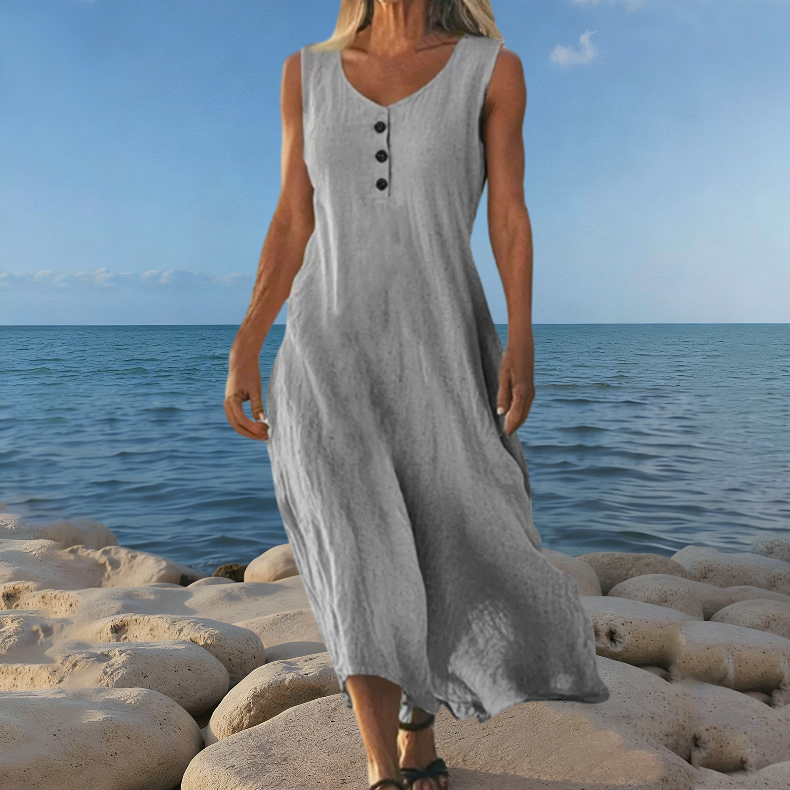 Women's Solid Color Round Neck Sleeveless Button Design Linen Blend Midi Dress elevenforest