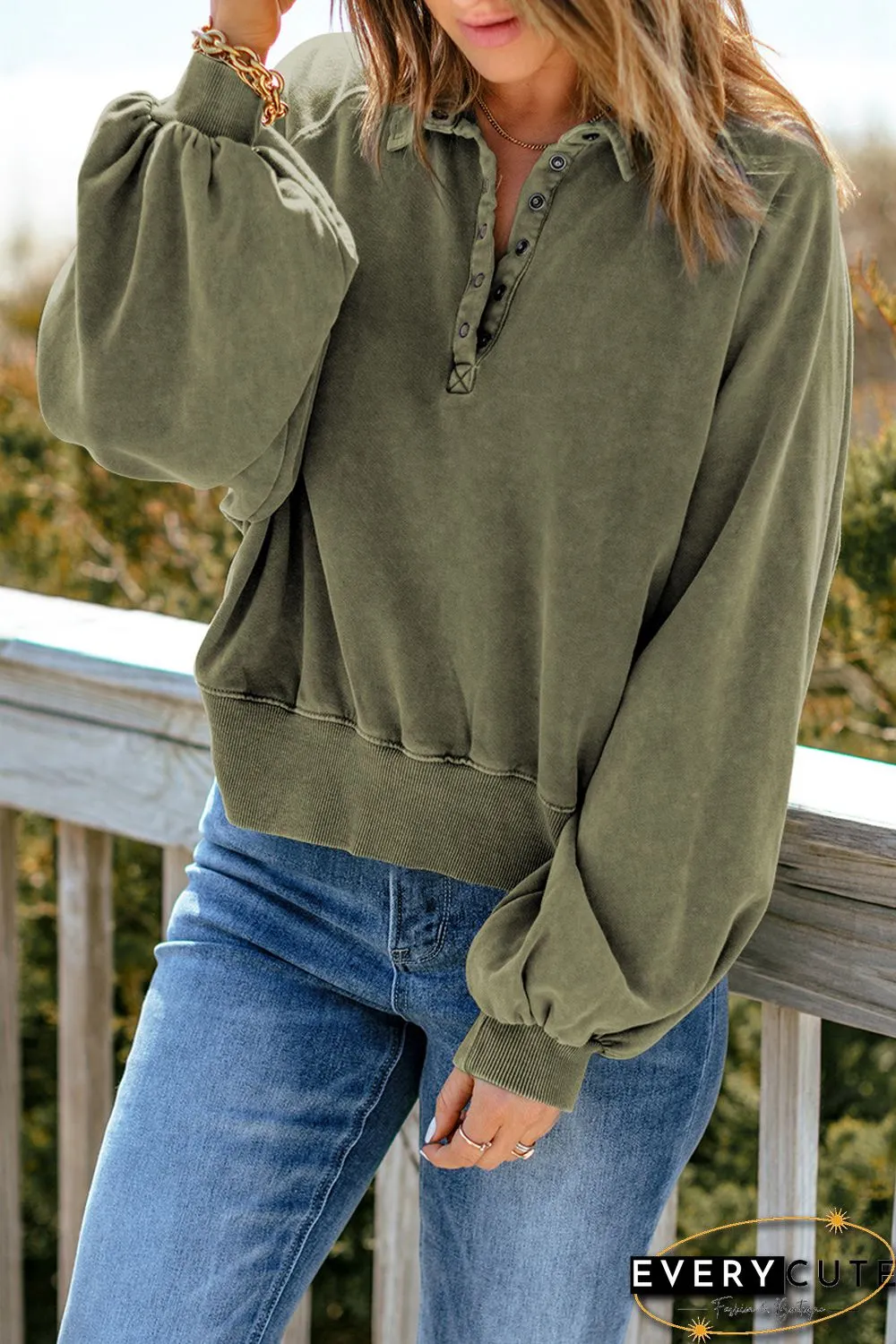 Green Washed Snap Buttons Lantern Sleeve Pullover Sweatshirt