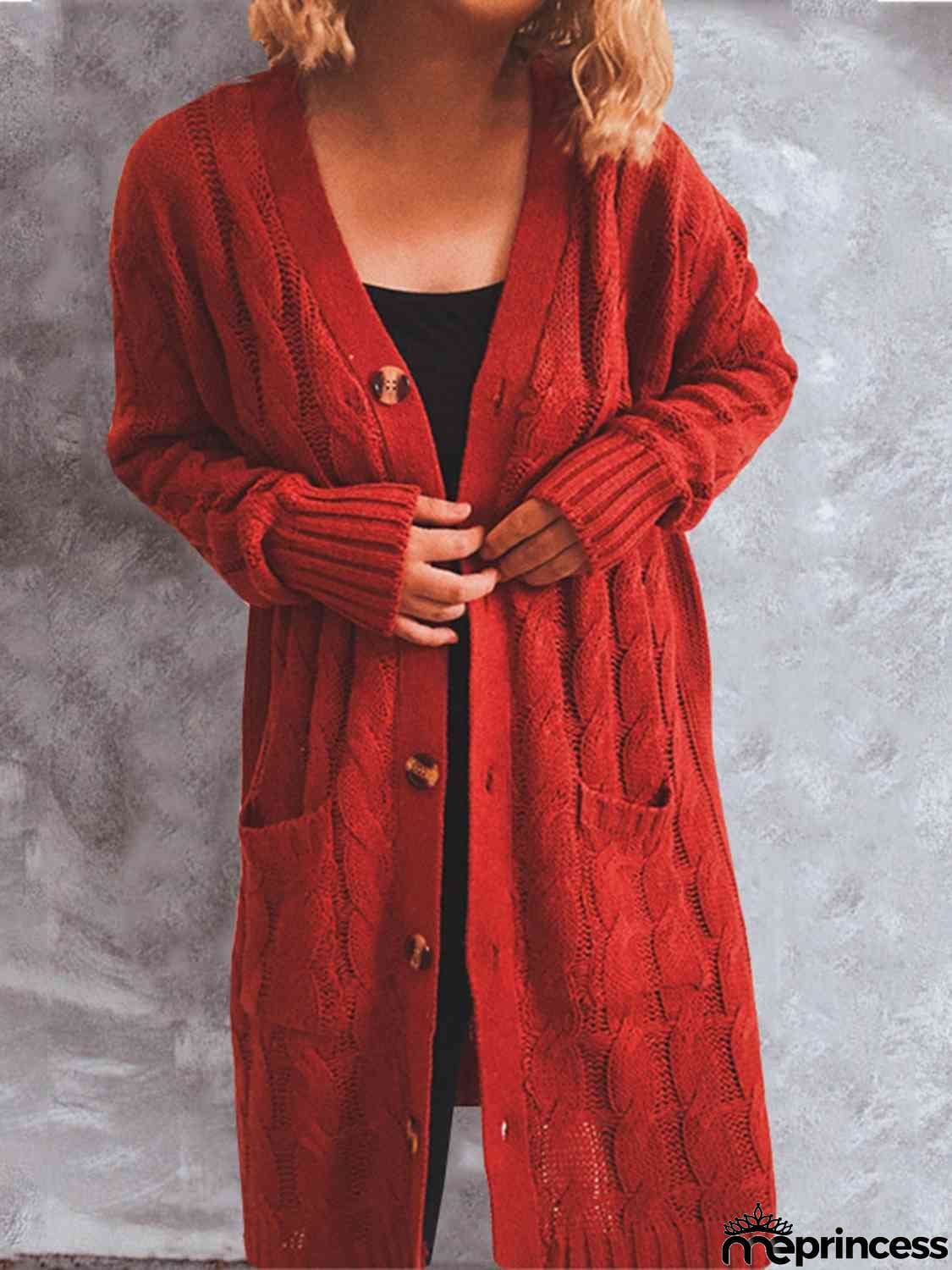 Button Up Cable-Knit Cardigan with Pockets