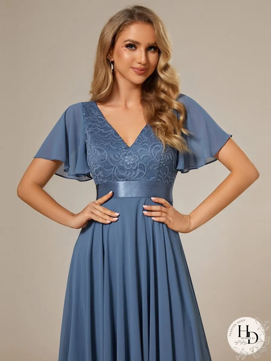 V-Neck Asymmetrical Dress with Short Sleeves