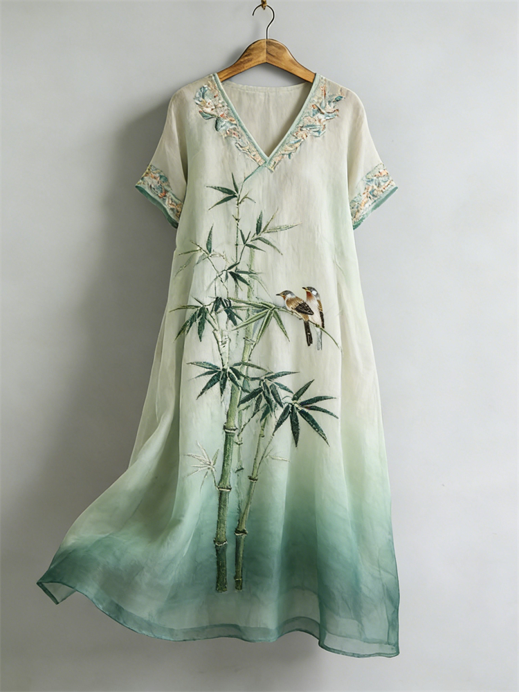 Comstylish Japanese Birds & Bamboo Floral Flowy Linen Maxi Dress